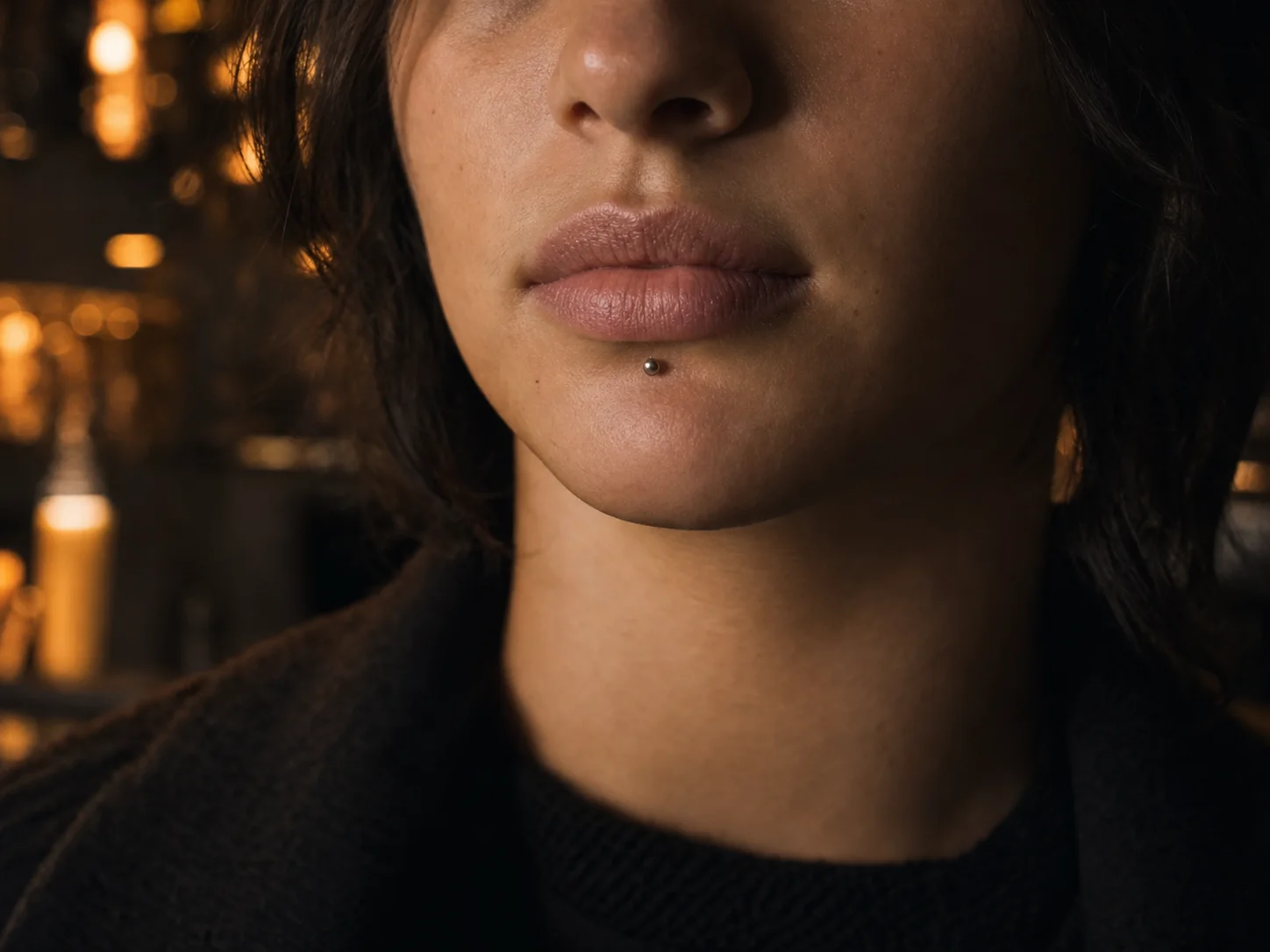Ortalı labret — Chill Ink için çekilen özgün yüz piercing takı yönü