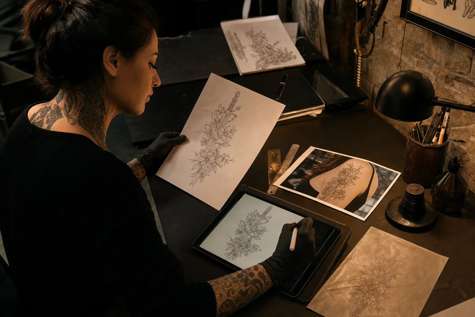 Female tattoo artist reviewing scale and design direction at Chill Ink