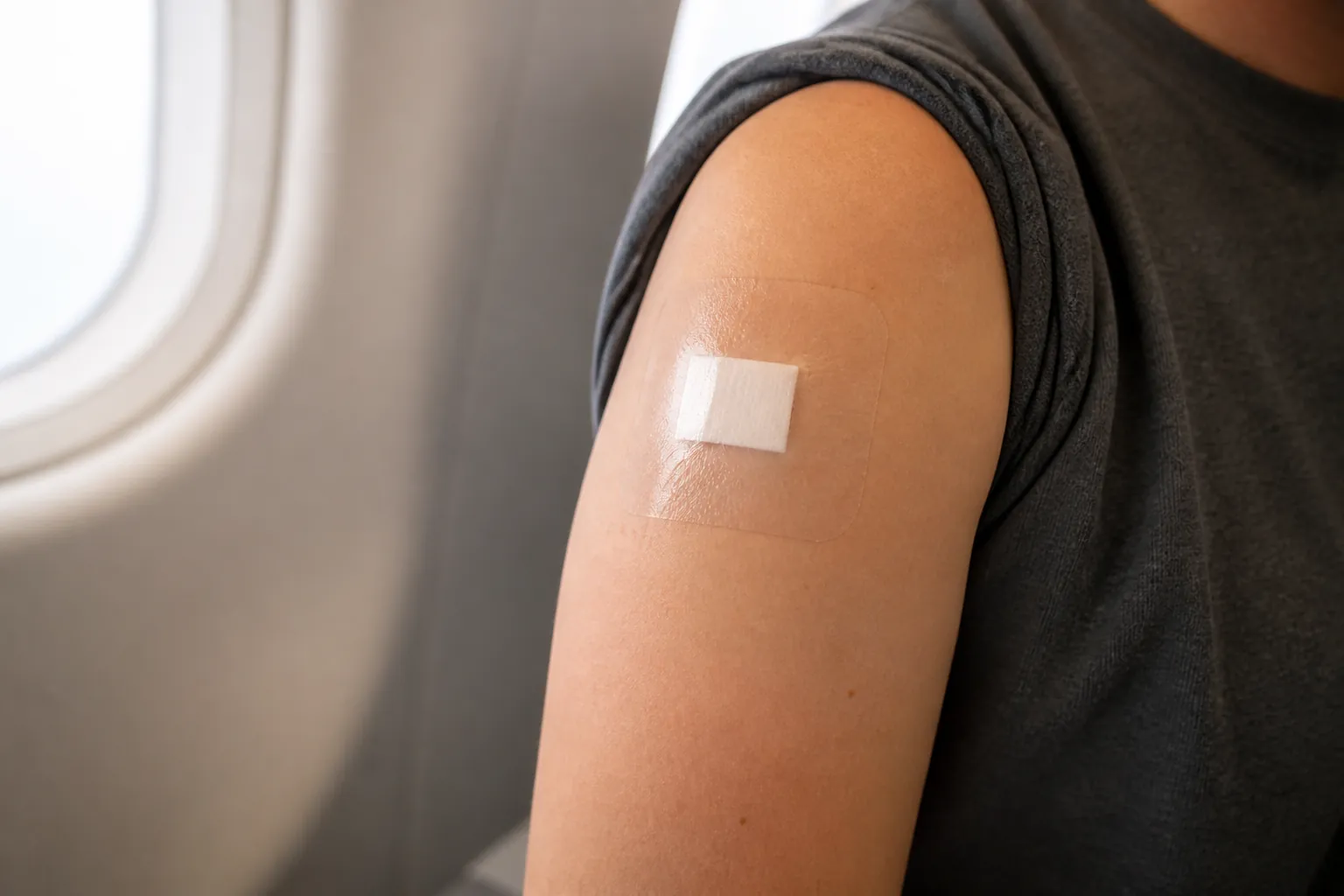 Breathable second-skin film bandage on an arm for air travel
