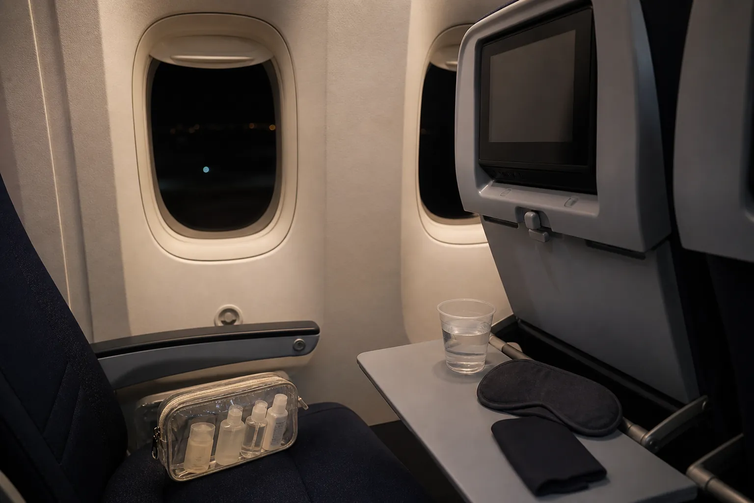 Airplane cabin at night — planning aftercare for a fresh tattoo flight home