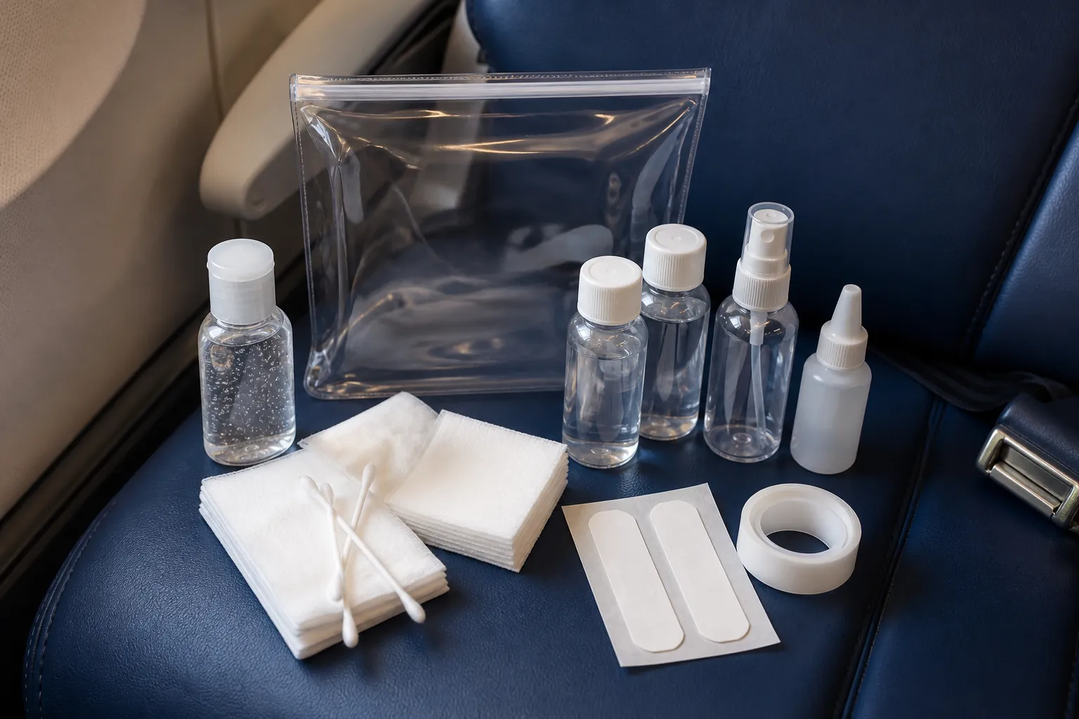 Travel-sized aftercare liquids and gauze packed for airport security