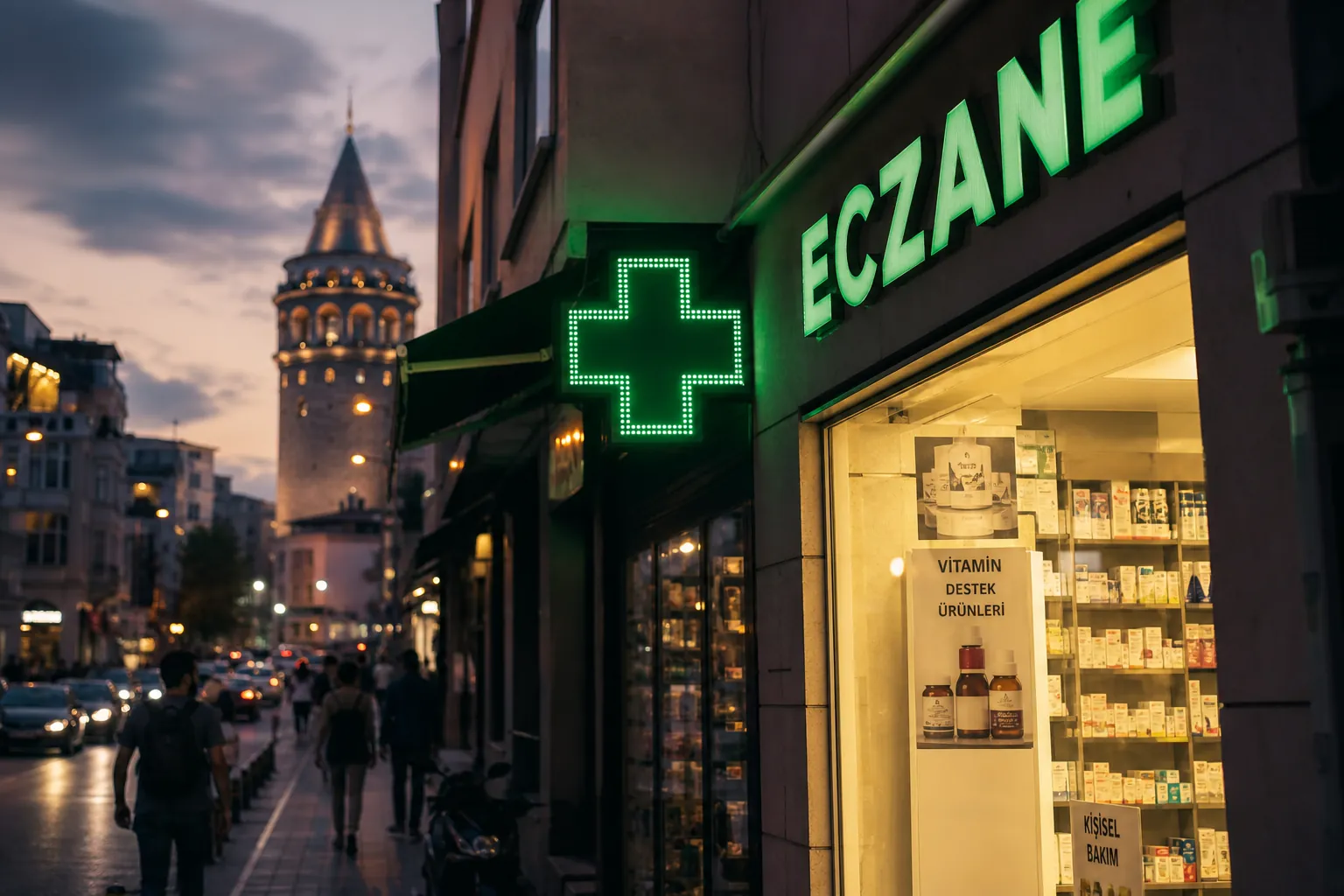 Street-level Turkish pharmacy Eczane sign for aftercare supplies