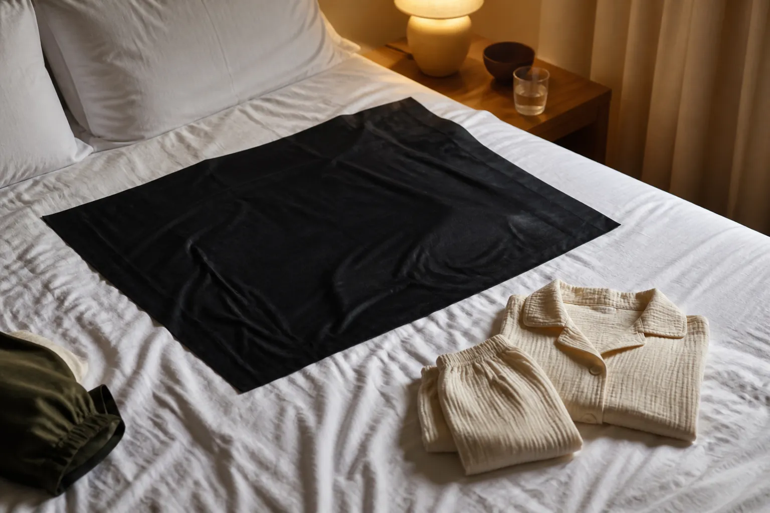 Dark travel sheet protecting white hotel bedding for overnight tattoo healing