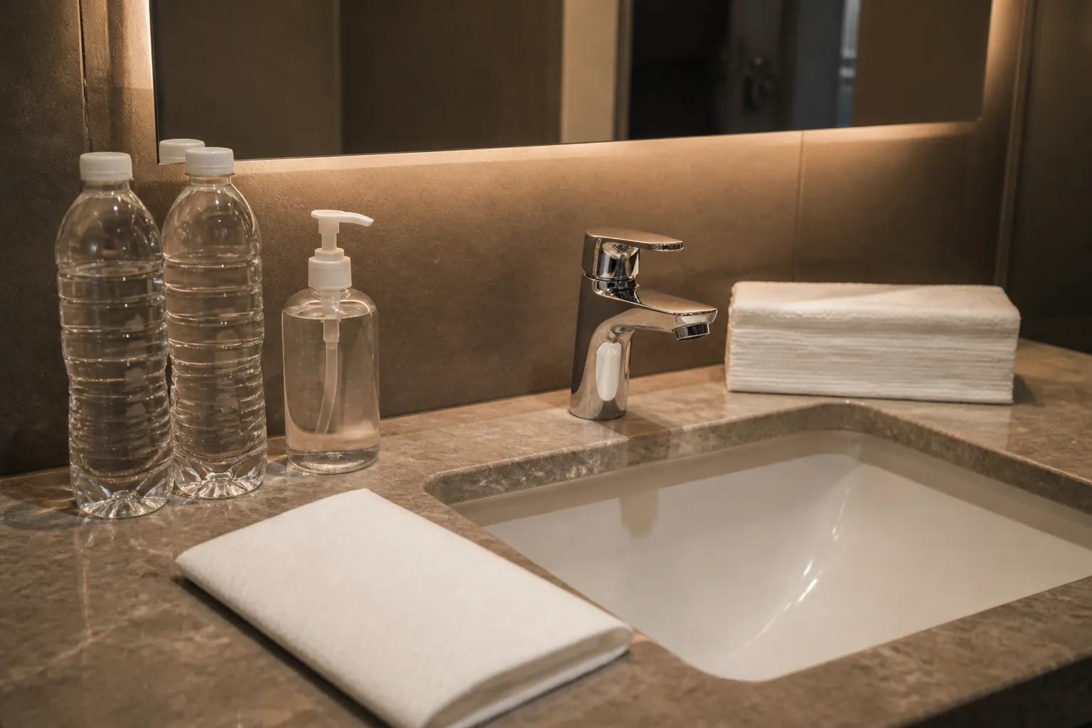 Hotel sink with bottled water, unscented soap, and paper towels for tattoo washing