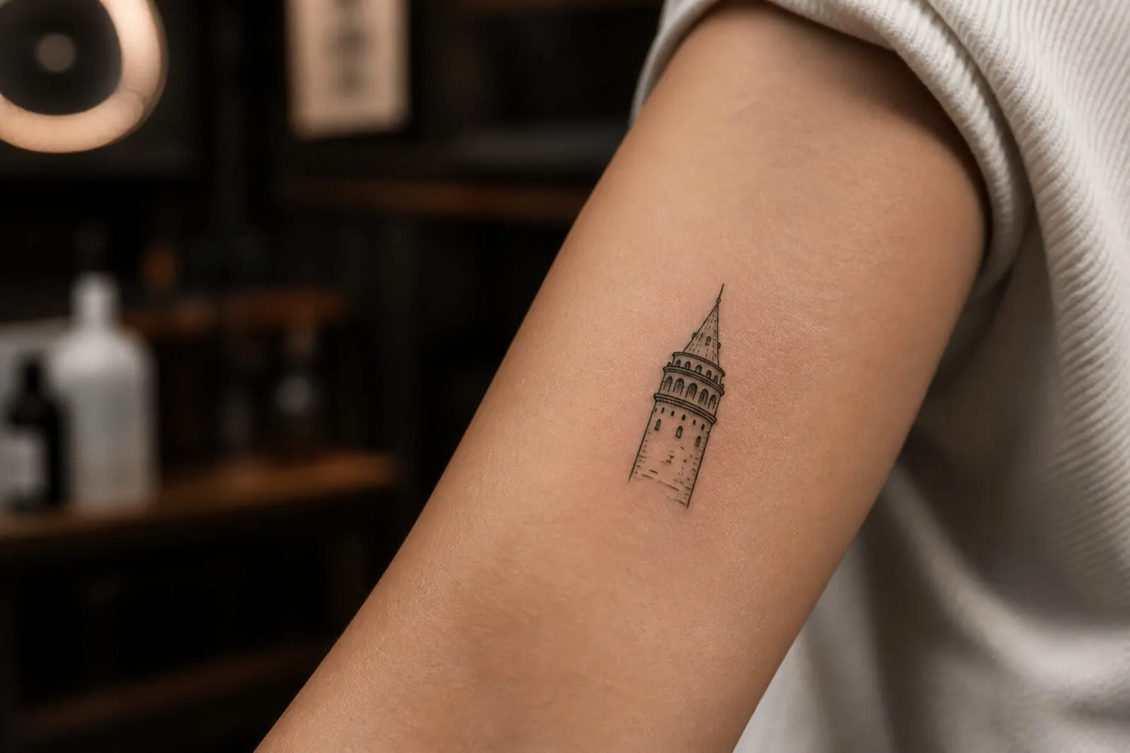 Fine line Galata Tower tattoo on an inner arm — a small Istanbul travel souvenir