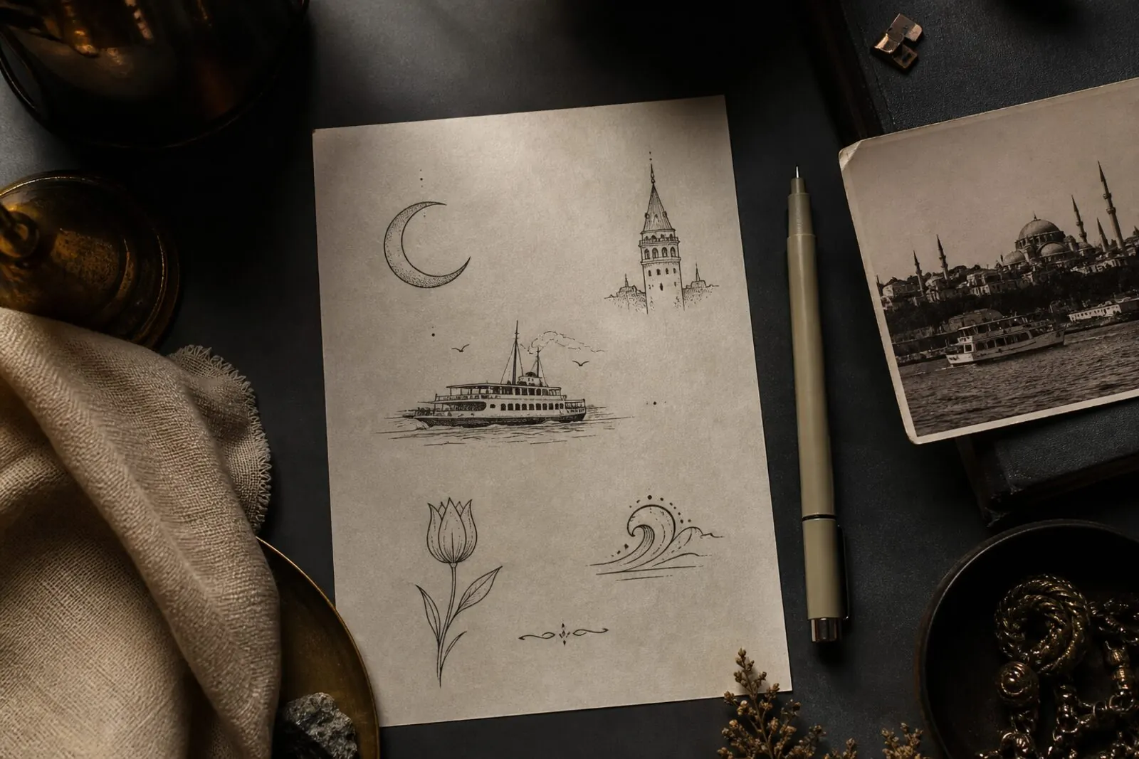 Minimal Istanbul tattoo flash sketches — crescent, ferry, tulip, and wave motifs on dark paper