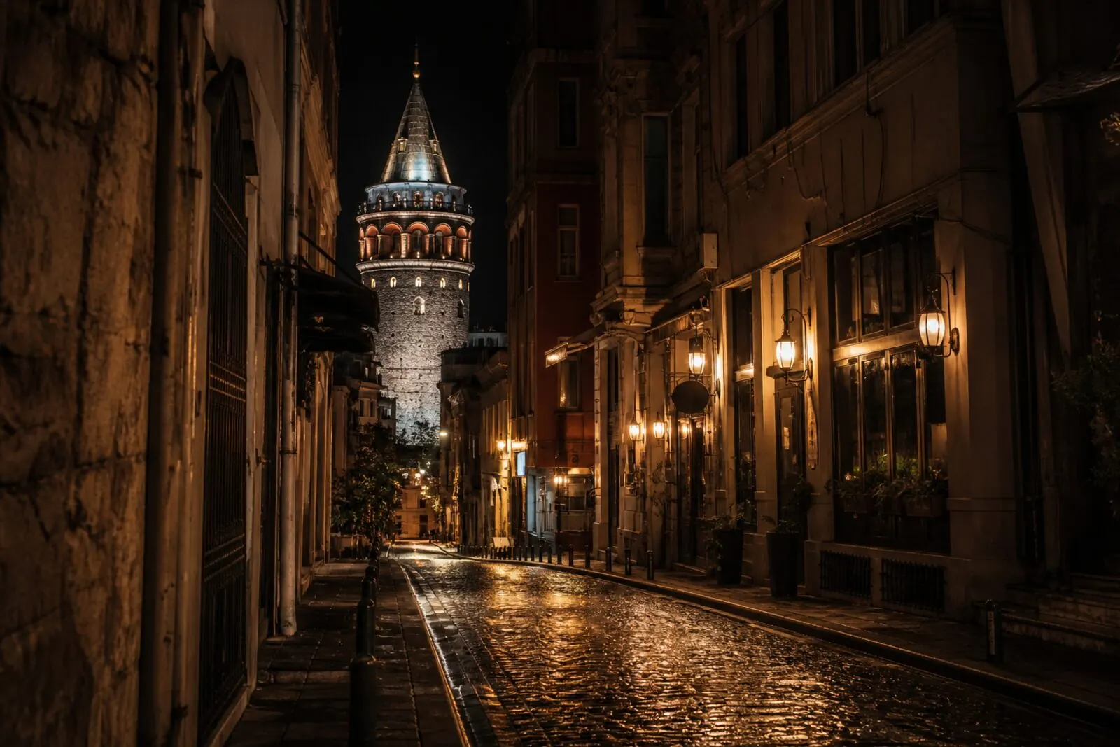 Night street near Galata Tower with wet cobblestones and warm lamp light