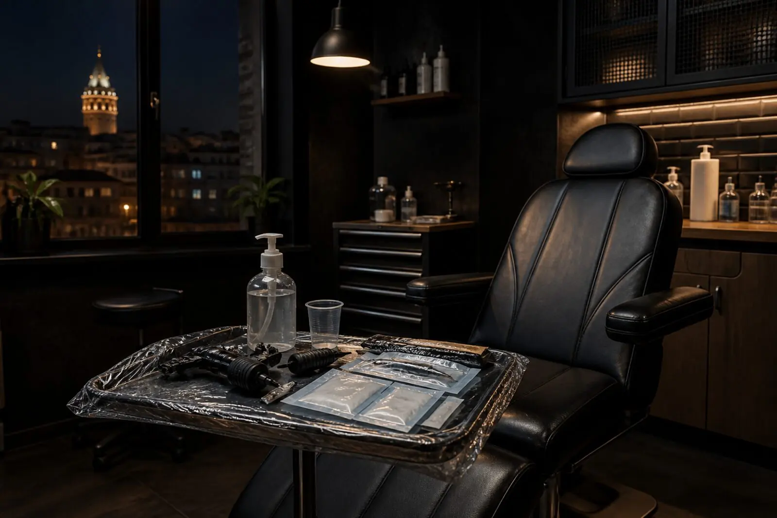 Clean tattoo studio station ready for a walk-in near Galata