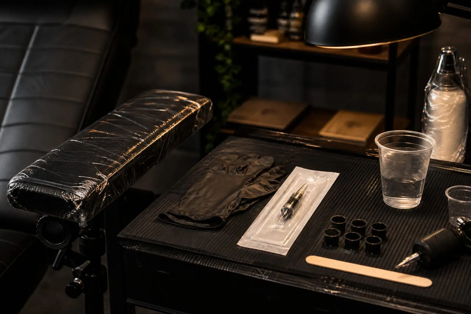 Clean tattoo workstation with sealed sterile supplies and barrier film prepared for a session
