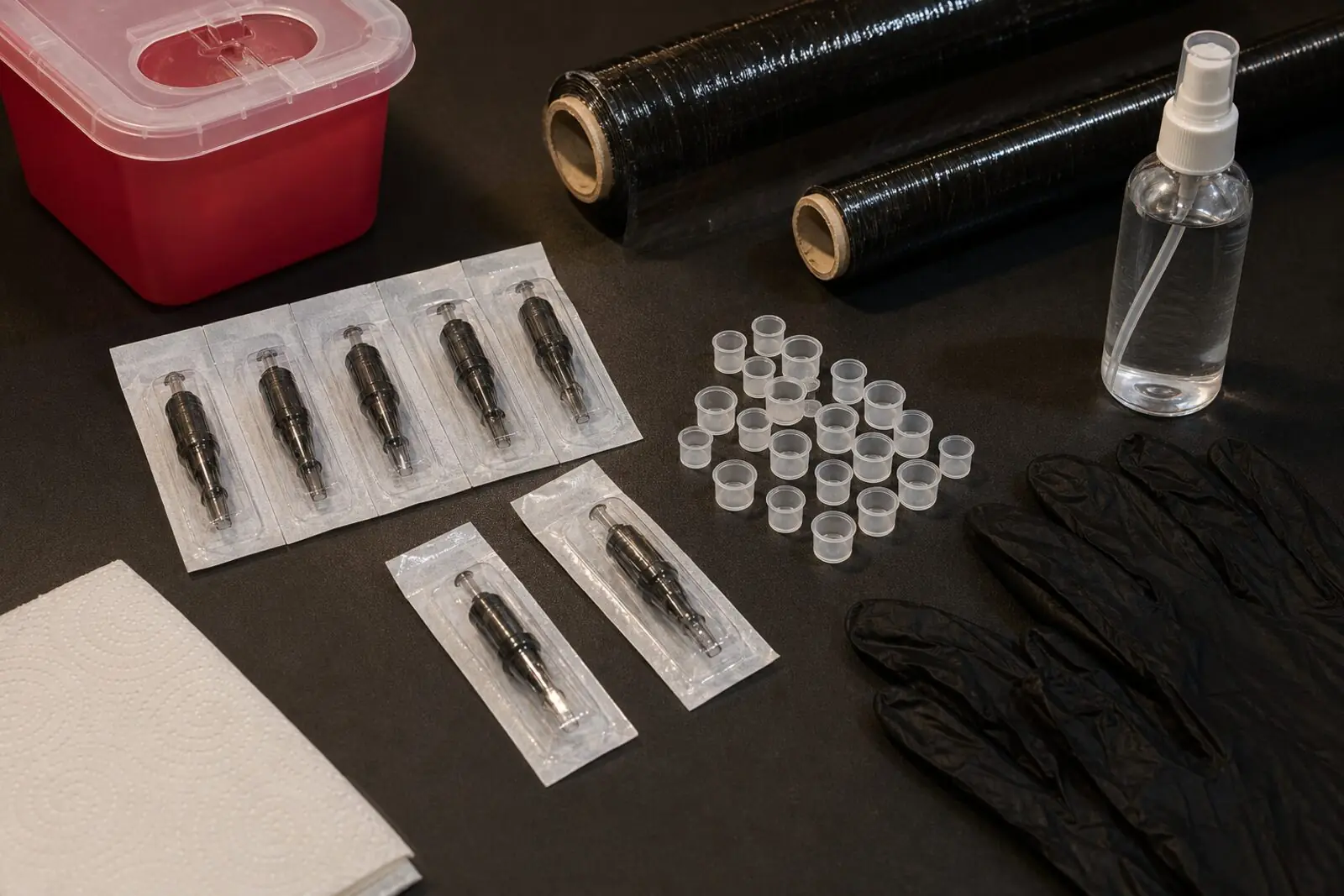 Flat-lay of sealed cartridges, ink caps, barrier film, and gloves for a hygienic tattoo setup
