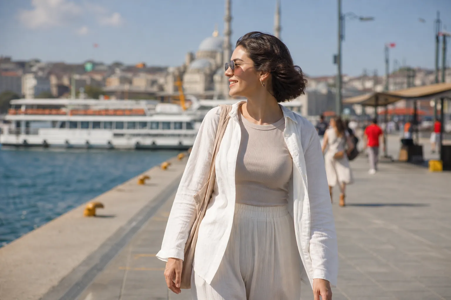 Traveller sightseeing near the water in loose clothing after getting tattooed