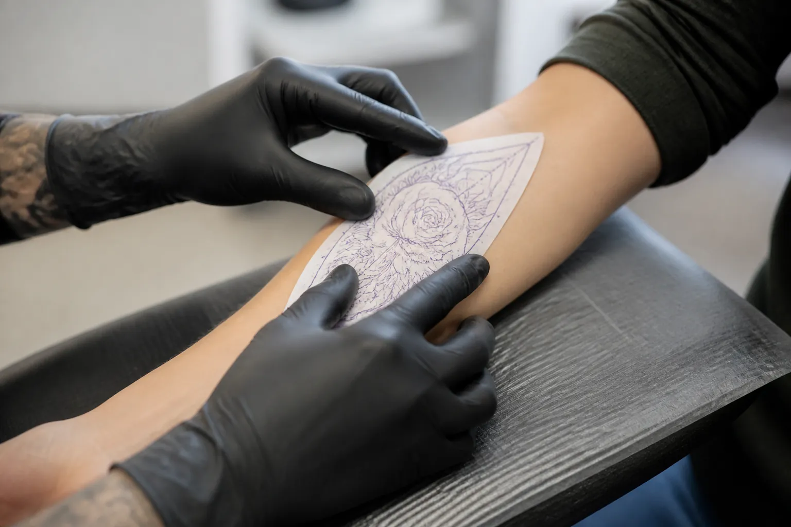 Artist placing a tattoo stencil on forearm during consultation